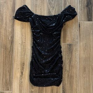 Hello Molly Black Sequin Off-Shoulder Mini Dress